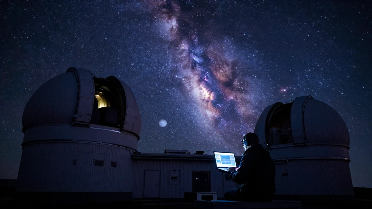 Observatorio astronómico nocturno con telescopios apuntando a una Vía Láctea estrellada y un exoplaneta.