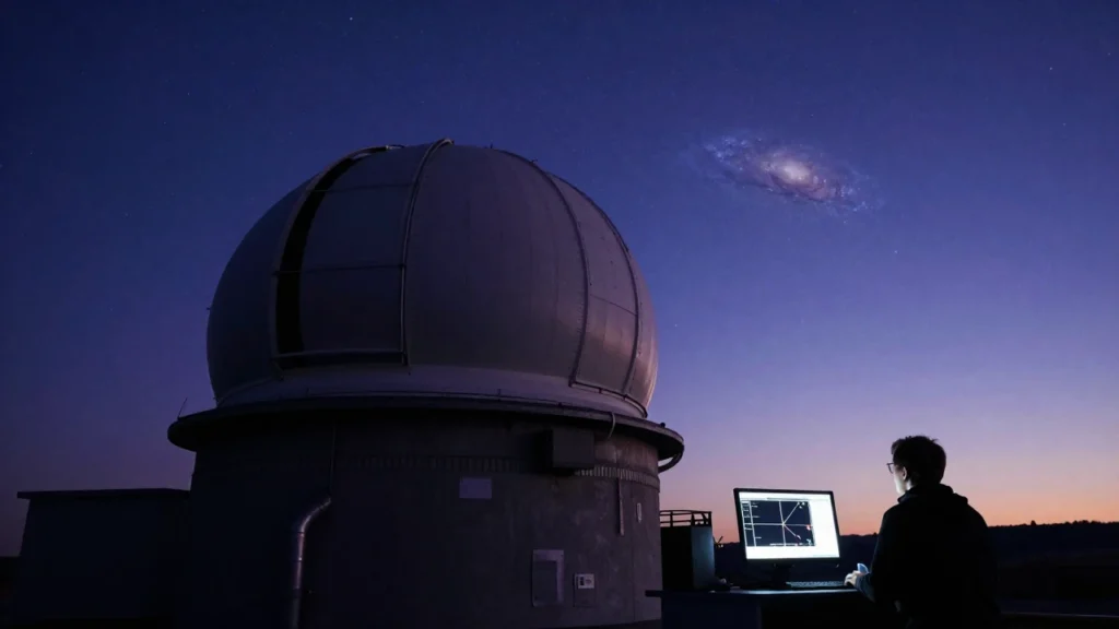 Un astrónomo observa datos de tránsito planetario frente a un telescopio en el crepúsculo.