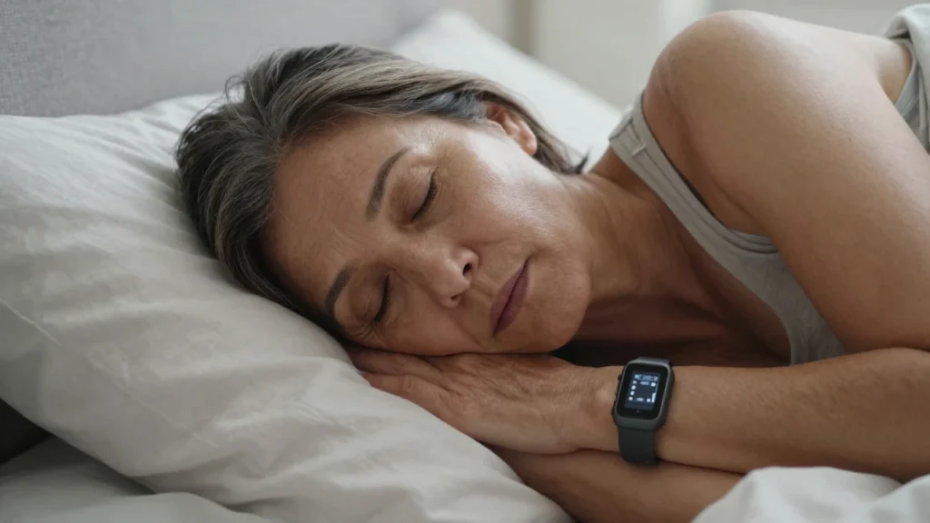 Mujer de edad avanzada durmiendo plácidamente en su cama con un rastreador de sueño.