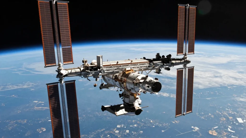 La Estación Espacial Internacional orbita la Tierra con los paneles solares extendidos.