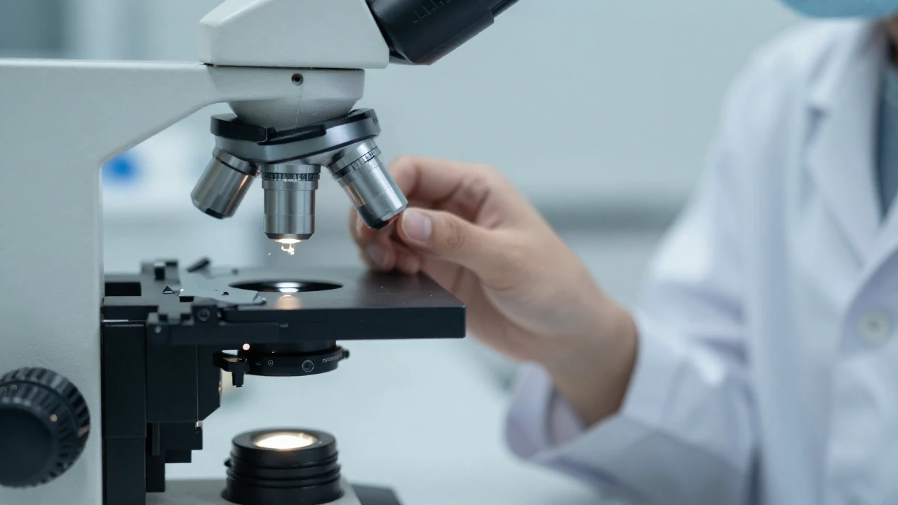 Células humanas observadas bajo un microscopio en un laboratorio de investigación médica.