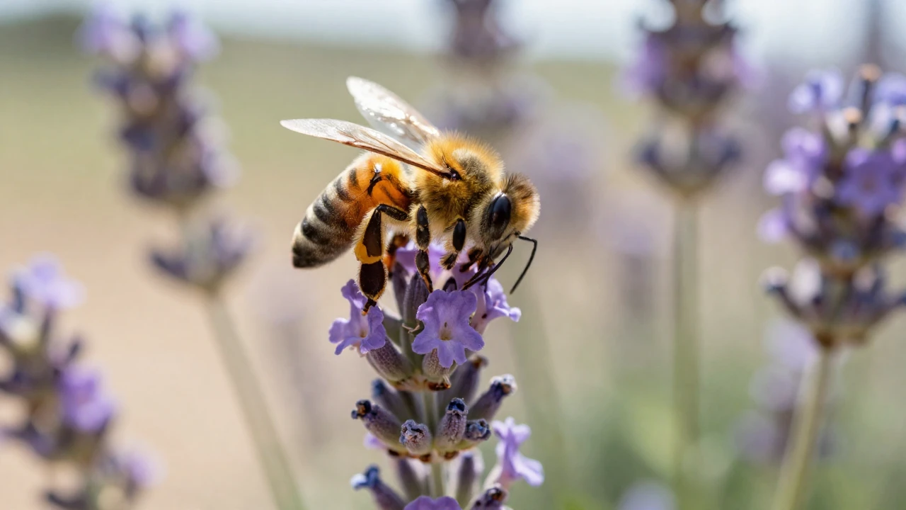 Una abeja melífera cubierta de polen recolecta néctar de una flor de lavanda morada en la Provenza.