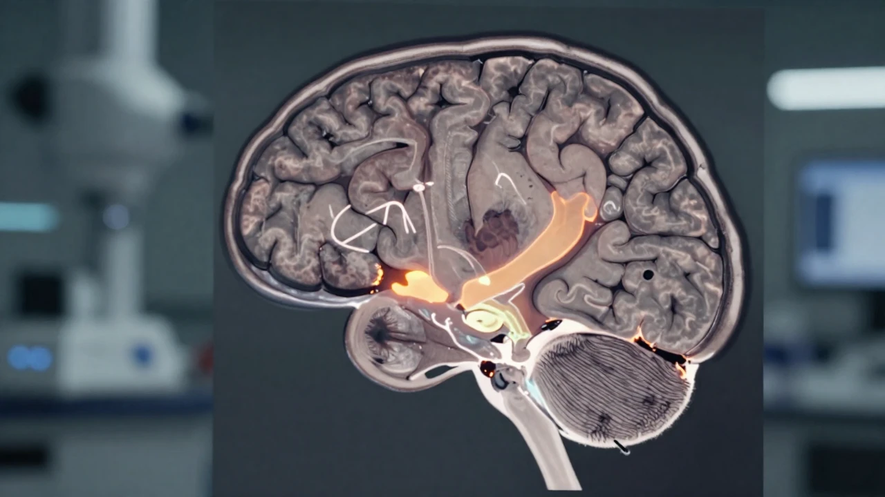Escaneo cerebral con actividad destacada en tonos cálidos sobre fondo de laboratorio médico.