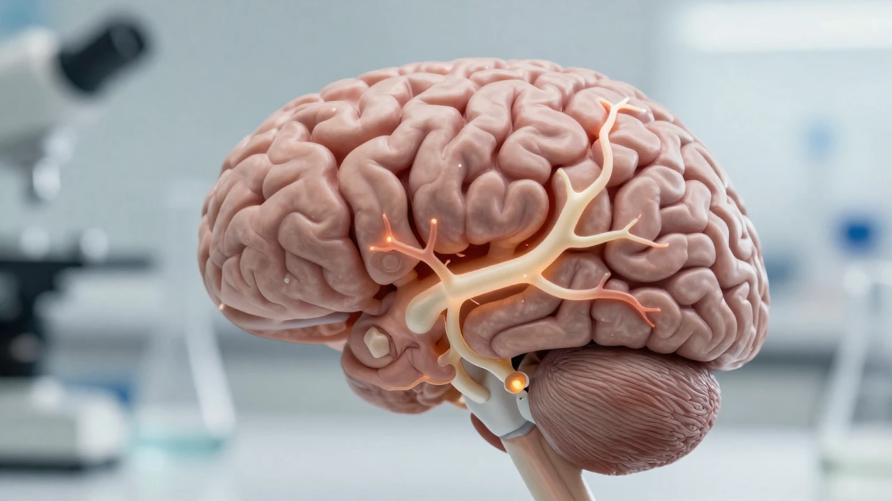 Cerebro humano iluminado mostrando las vías de neurotransmisores en un laboratorio científico.