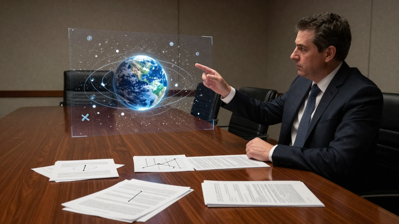 Abogado analiza una proyección holográfica de basura espacial en una sala de juntas.