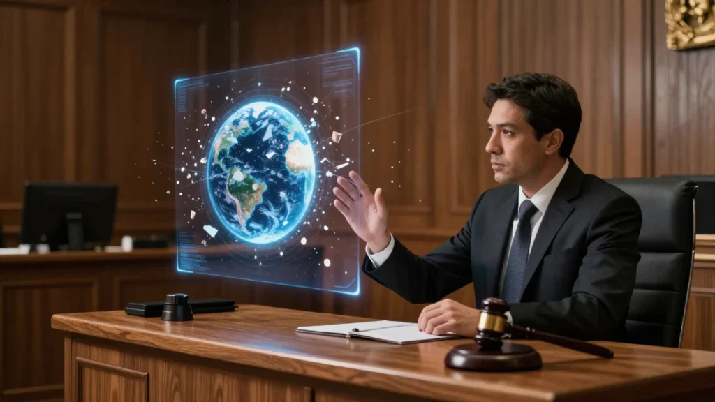 Abogado presenta proyección holográfica de desechos espaciales en una sala de juicios.