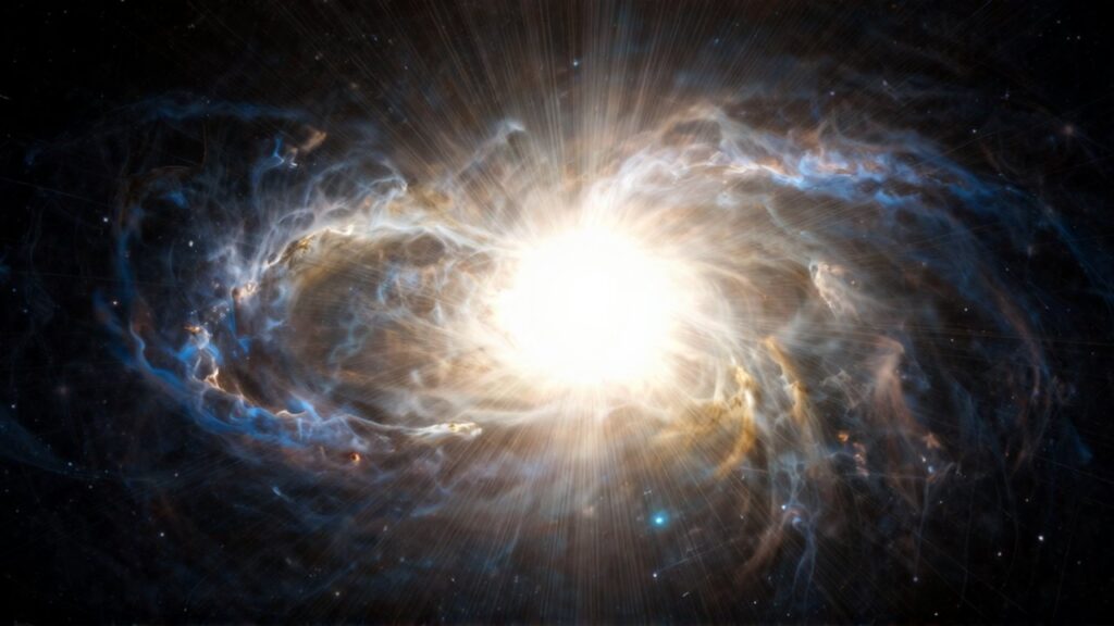 Explosión de luz y energía primordial que irradia hacia el espacio oscuro desde un núcleo central.