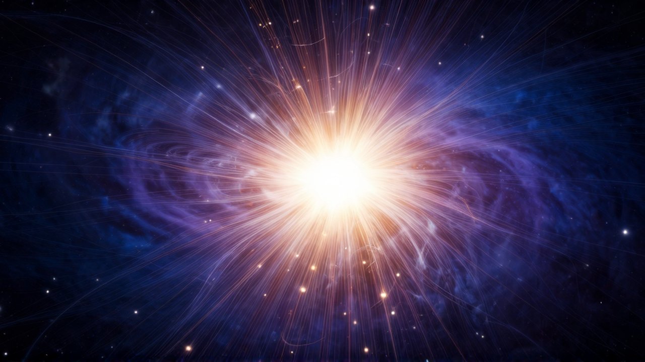 Filamentos de energía brillante se expanden radialmente desde un núcleo luminoso hacia un vacío cósmico oscuro.