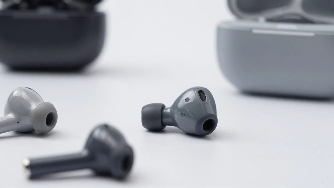 Varios auriculares inalámbricos de diferentes colores y diseños sobre fondo blanco.