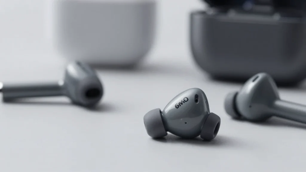Varios auriculares inalámbricos de diferentes marcas y colores sobre un fondo claro.