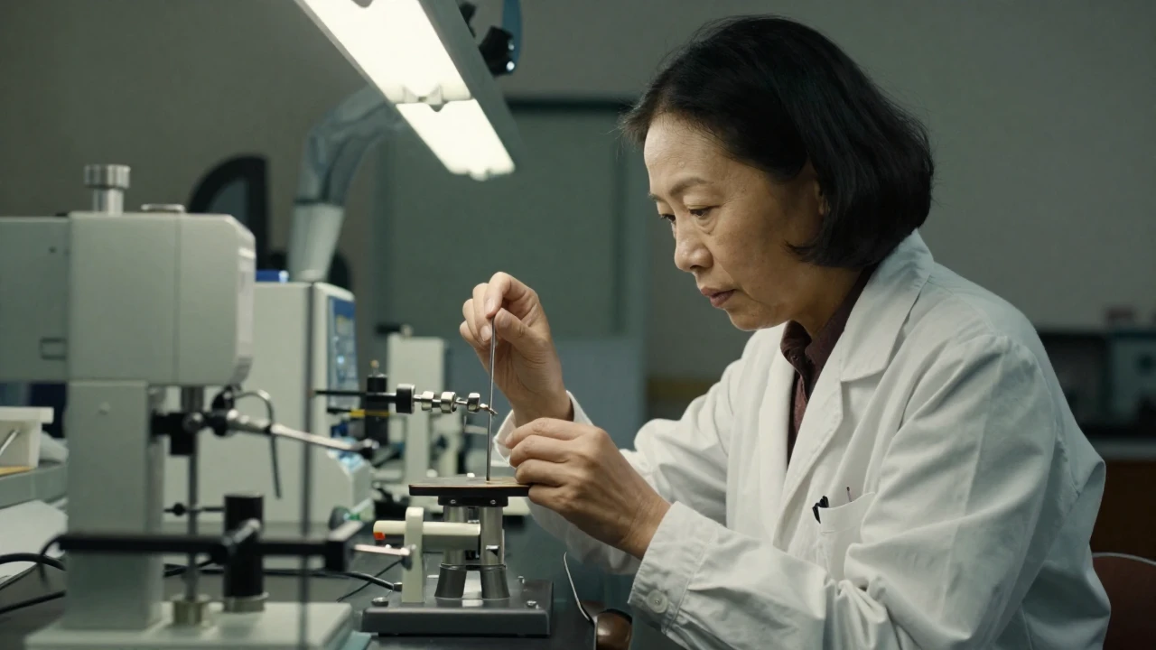 Chien-Shiung Wu ajusta instrumentos de laboratorio en un entorno de investigación de mediados de siglo.