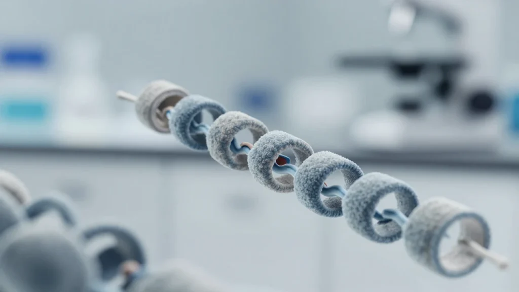 Estructuras proteicas complejas visualizadas bajo un microscopio en un laboratorio.