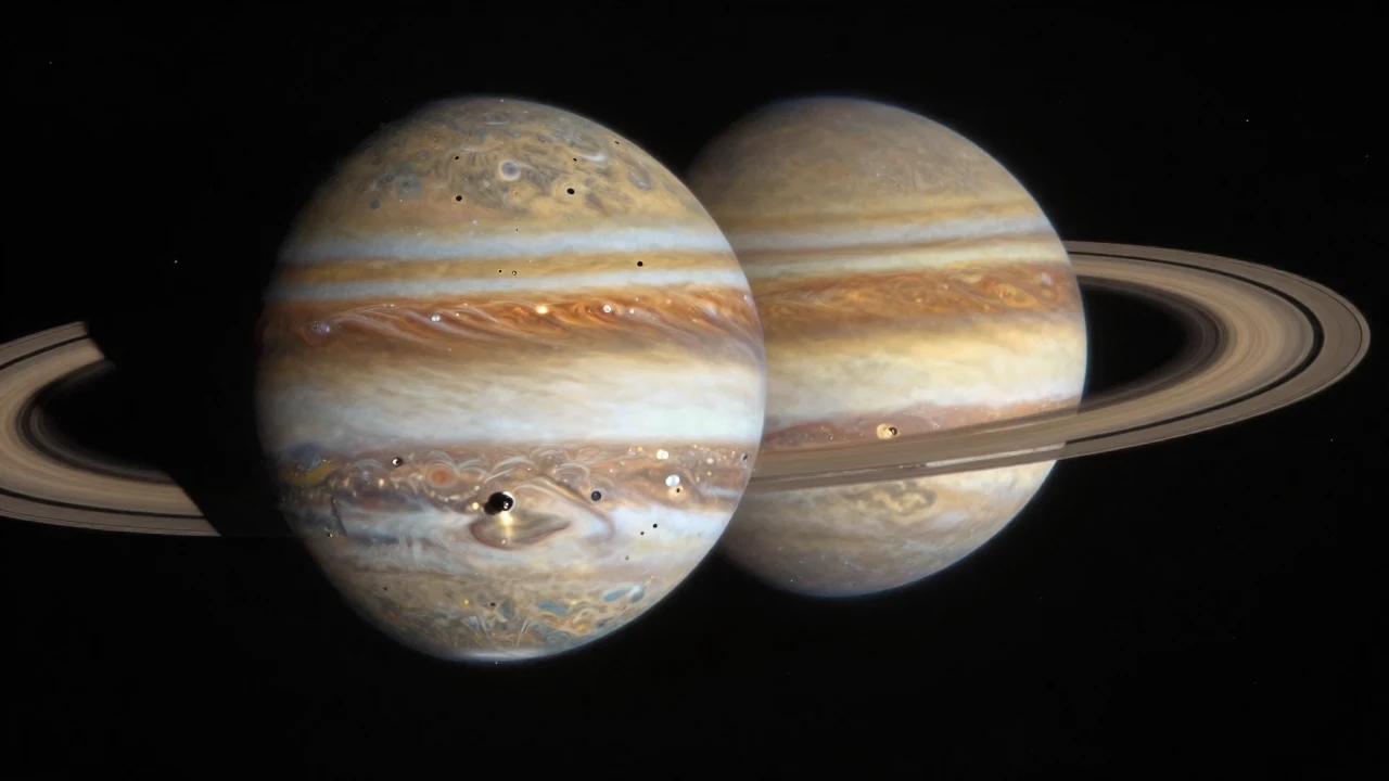 Sondas Voyager 1 y 2 en silueta frente a los planetas Júpiter y Saturno.