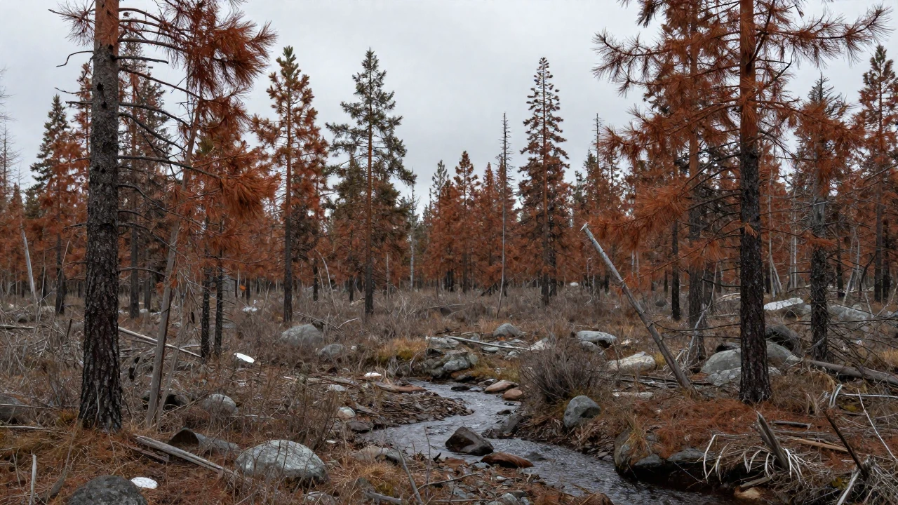 Un bosque de pinos con árboles secos y un arroyo serpentea por terreno rocoso.