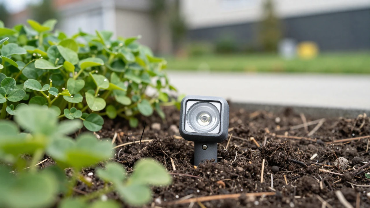 Sensor de humedad subterráneo integrado en la tierra, rodeado de vegetación en un jardín.
