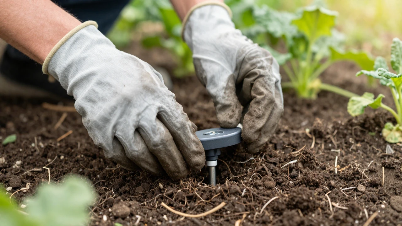 Manos con guantes insertan un sensor de suelo en tierra fértil en un jardín.