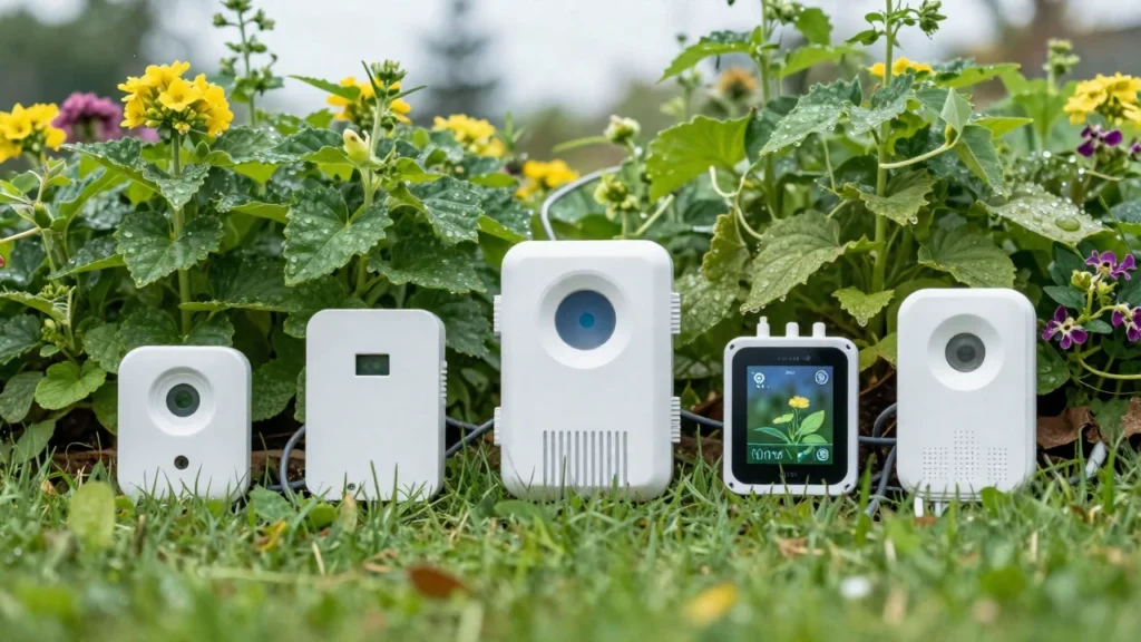 Jardín con sensores IoT discretamente integrados entre plantas y flores.