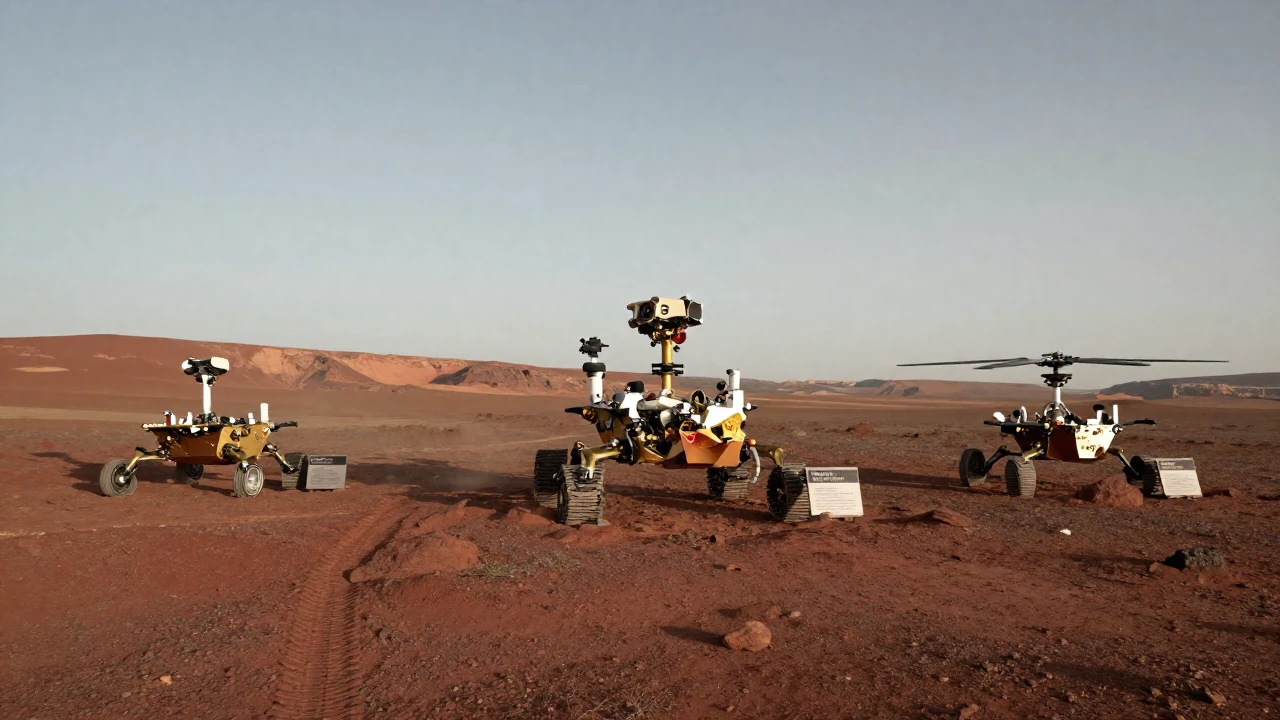 Réplicas de los rovers marcianos Sojourner, Spirit, Opportunity, Curiosity y Perseverance en un paisaje rojo.