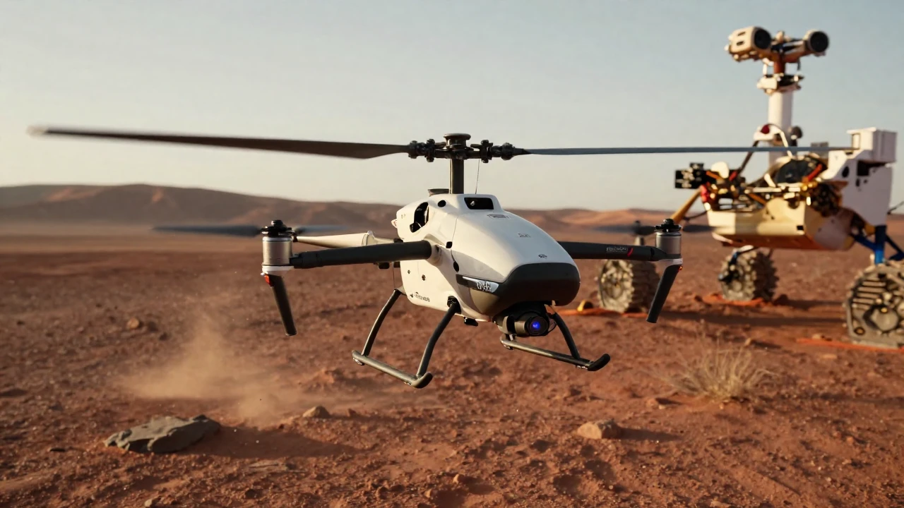 Un dron de control remoto vuela sobre el paisaje rocoso y polvoriento de Marte, con el rover Perseverance al fondo.