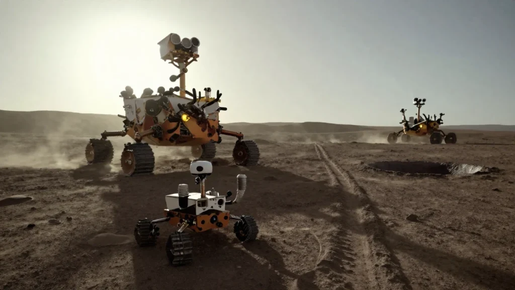 El rover Opportunity se siluetea contra un paisaje marciano al atardecer