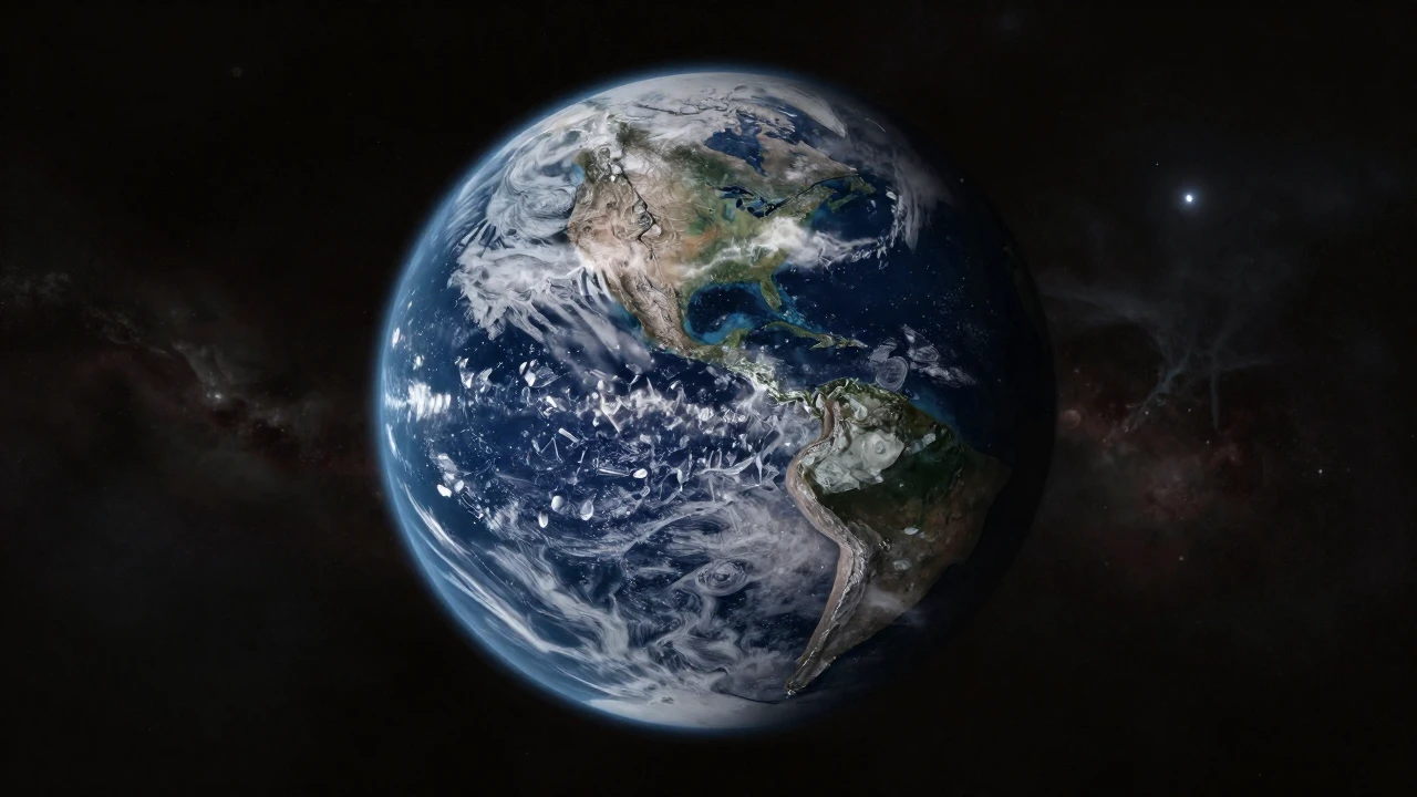 Exoplaneta rocoso con estructuras cristalinas visibles orbitando una estrella lejana en el espacio profundo.