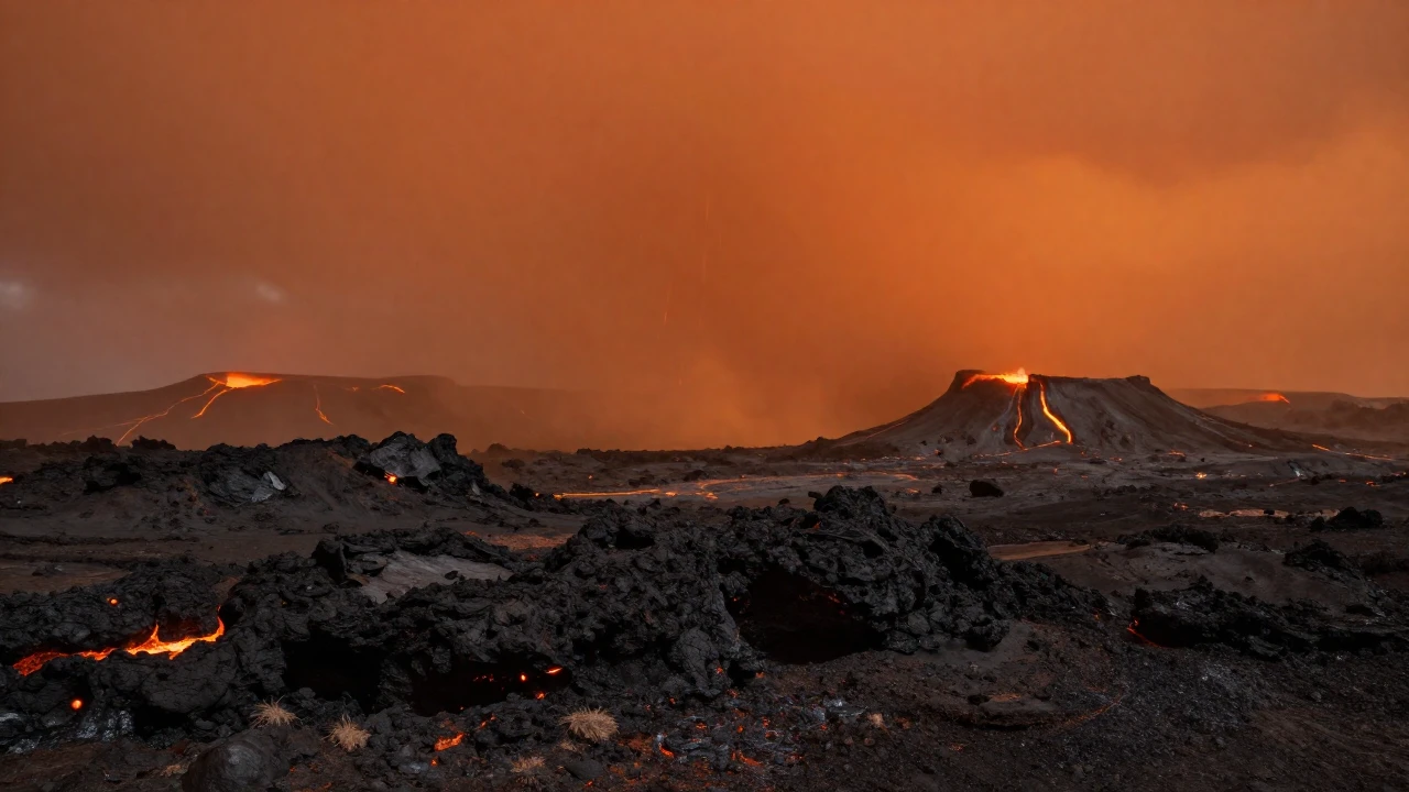 Un paisaje volcánico alienígena bajo un cielo naranja y lluvia de roca fundida.