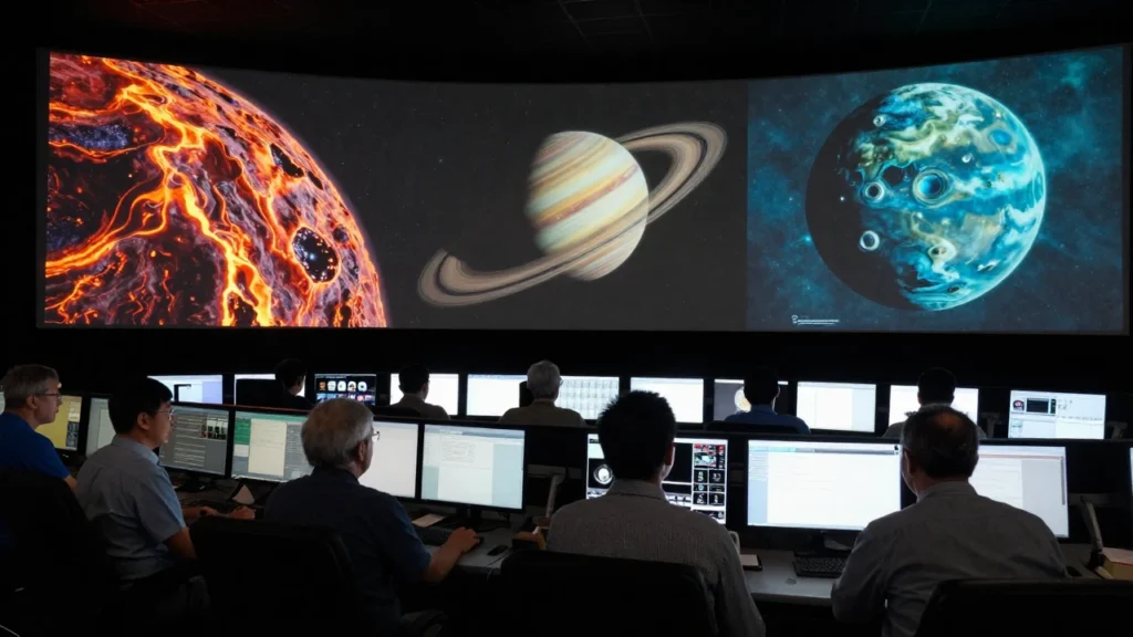 Control de misión de la NASA con pantallas mostrando exoplanetas y personal concentrado.