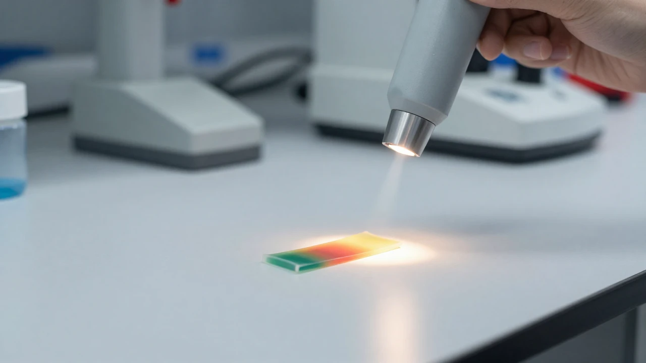 Una tira de polímero cambia de color al recibir calor de un haz de luz en un laboratorio.