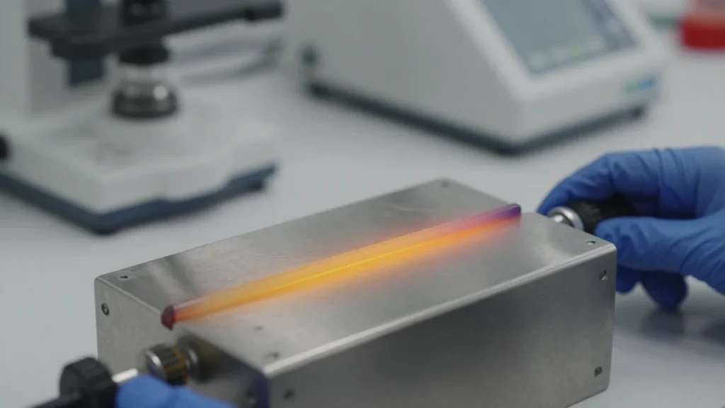 Aleación metálica cambiando de color por el calor en un laboratorio de investigación.