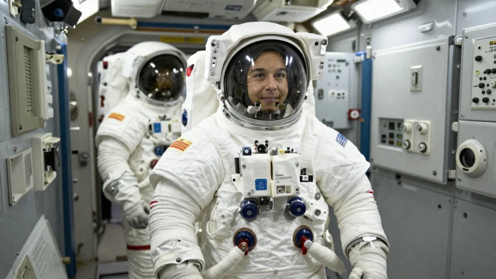 Astronauta moderno en una nave espacial con un traje Apollo visible al fondo.