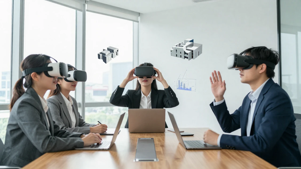 Profesionales colaboran en un proyecto de diseño arquitectónico usando realidad virtual.