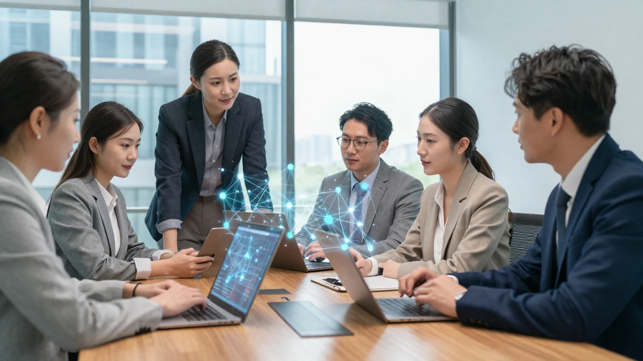 Reunión de profesionales discutiendo estrategias con tecnología holográfica en una oficina moderna.