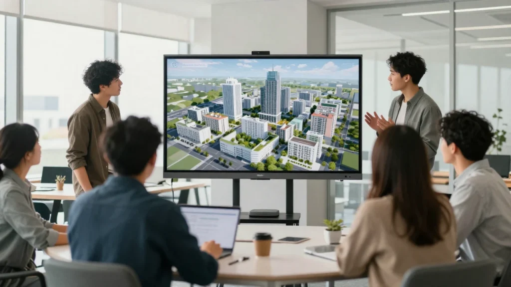 Equipo diverso revisa una maqueta virtual de una ciudad en una oficina moderna.