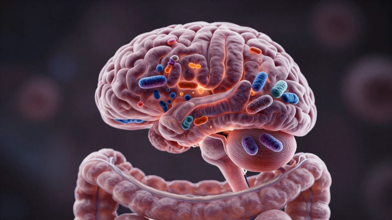 Silueta de un cerebro humano formado por bacterias intestinales en un fondo borroso.