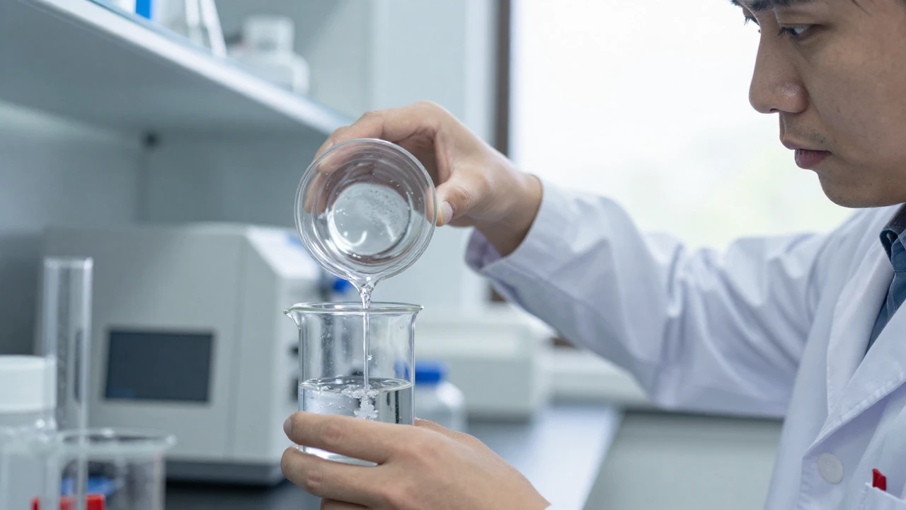 Técnico de laboratorio vierte una muestra de agua con microplásticos en un vaso de precipitados.