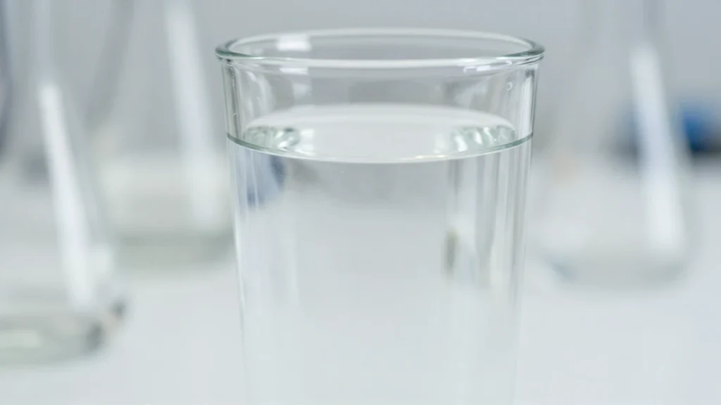 Vaso de agua transparente con partículas microscópicas de plástico suspendidas en un laboratorio.