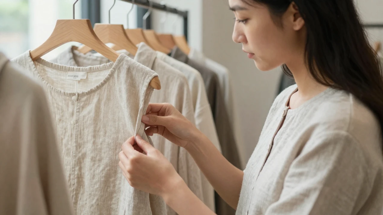 Una mujer joven revisa la etiqueta de un vestido de lino en una tienda minimalista.
