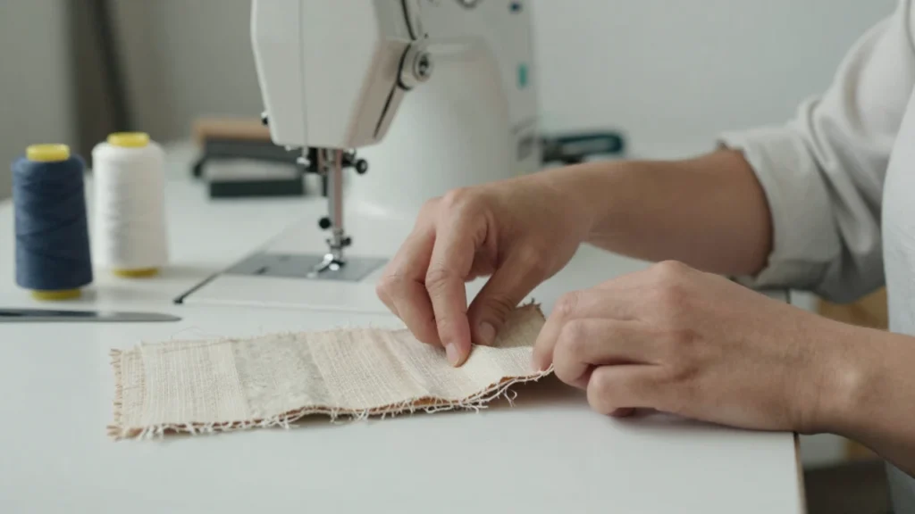 Una modista examina telas recicladas en un taller de costura sostenible.