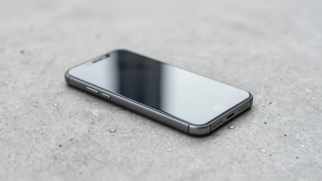 Un teléfono inteligente moderno con la pantalla agrietada descansa sobre concreto húmedo.