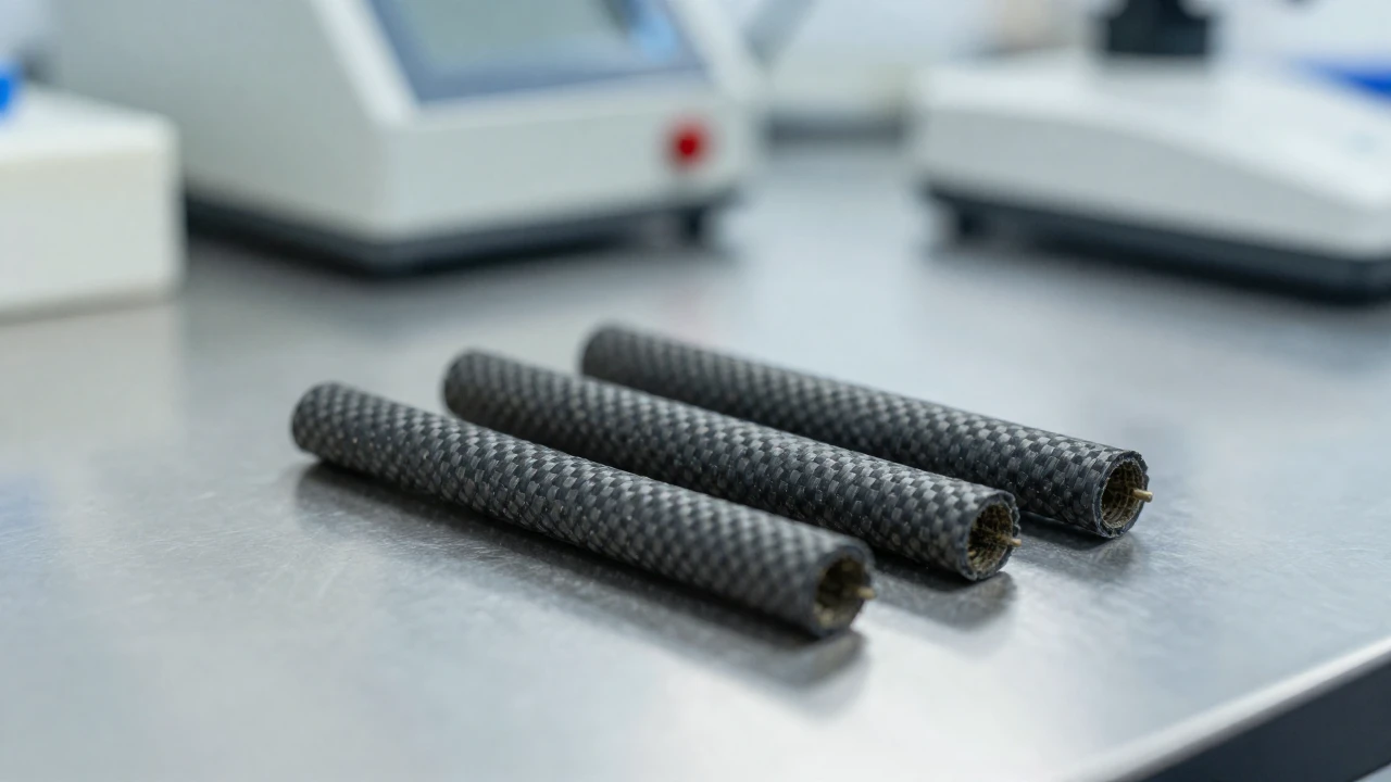 Electrodos recubiertos con nanomateriales y nanotubos de carbono en un laboratorio científico.