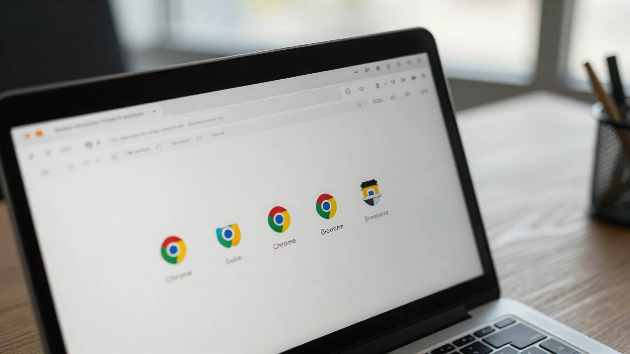 Pantalla de portátil con iconos de extensiones de Chrome sobre un escritorio difuminado.