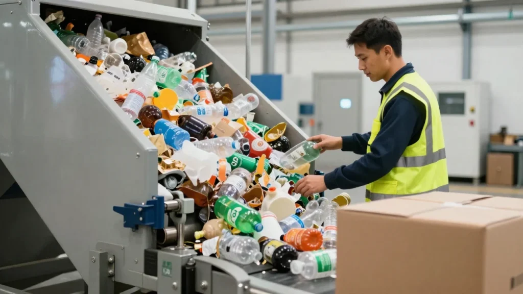 Un trabajador revisa la clasificación de residuos en una planta de reciclaje.
