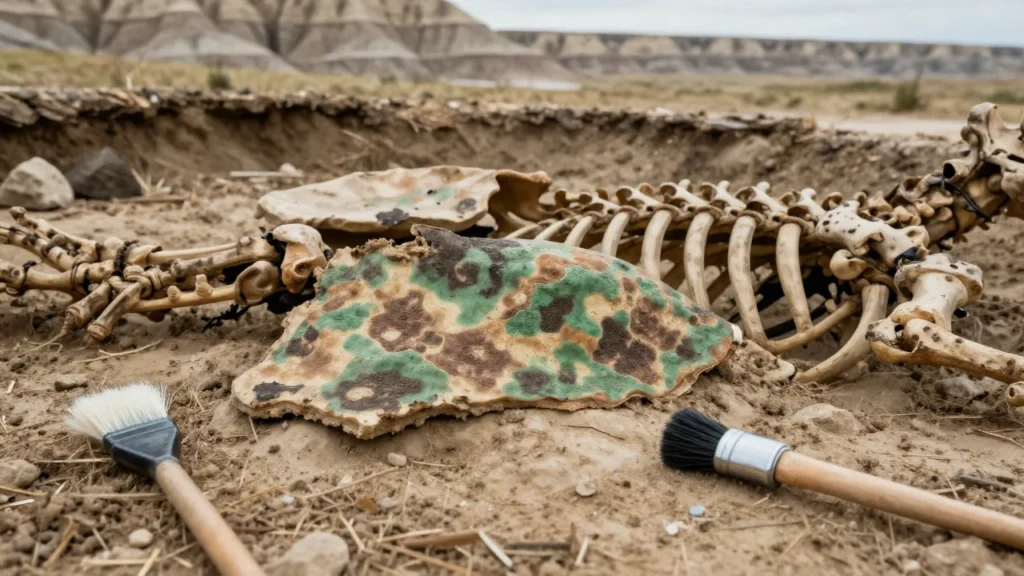 Esqueleto parcialmente excavado de un dinosaurio ornitópodo con huellas de piel camuflada en Montana.