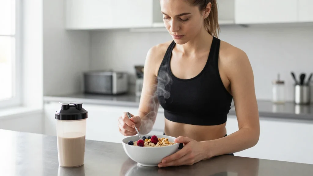 Mujer deportista preparando un desayuno nutritivo de avena con frutas y frutos secos.