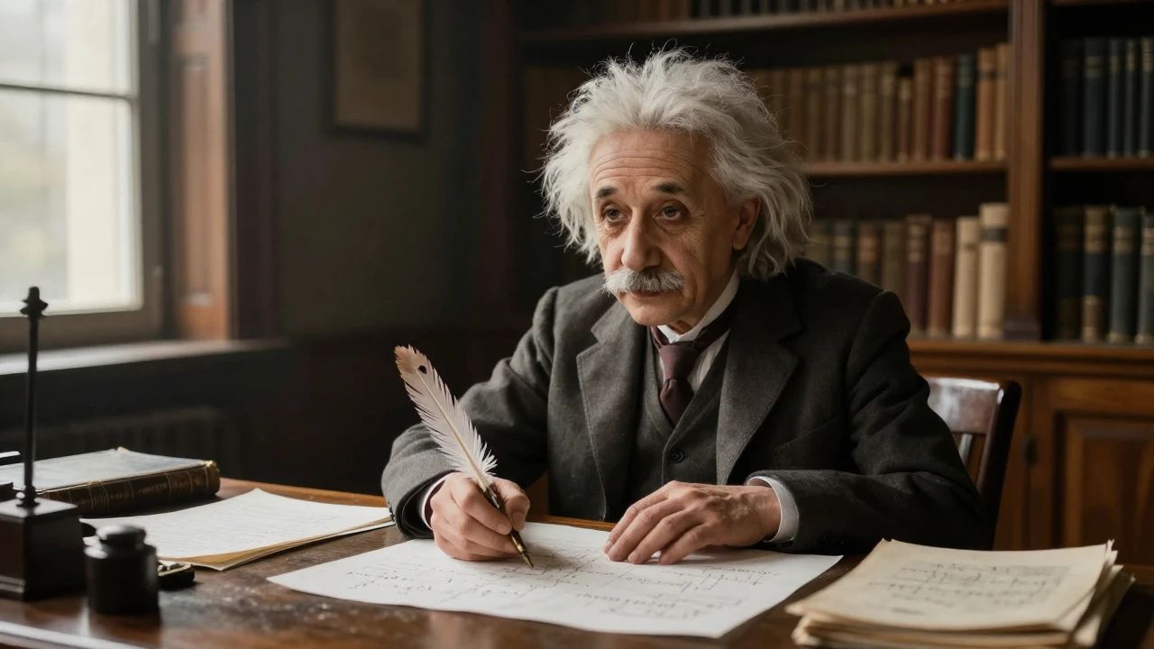 Albert Einstein escribe ecuaciones en su estudio, rodeado de libros y documentos en 1916.