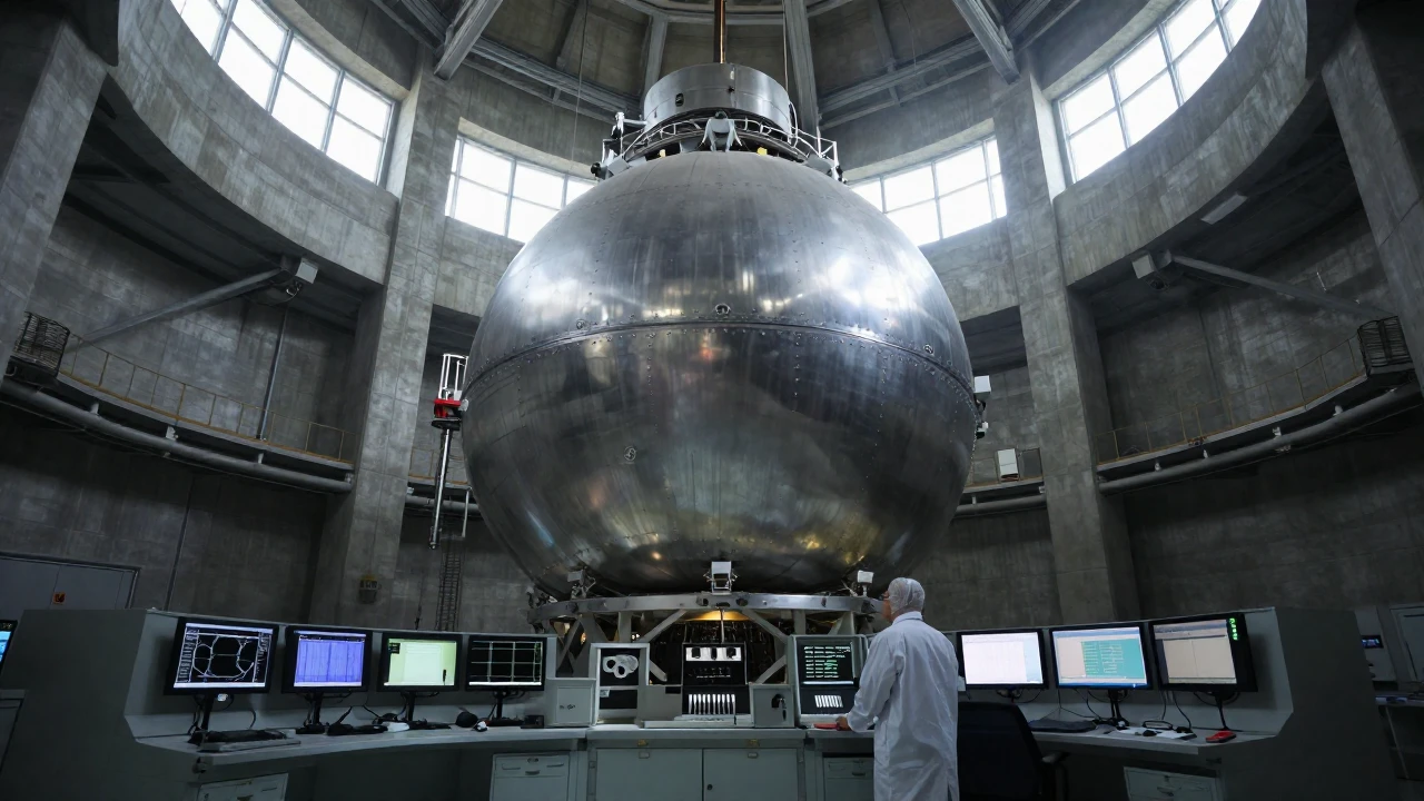 Interior de un detector de ondas gravitacionales con un técnico trabajando.