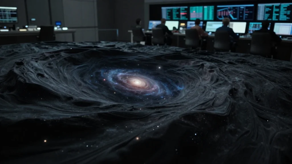 Representación artística de la curvatura del espacio-tiempo con un centro de control en segundo plano.
