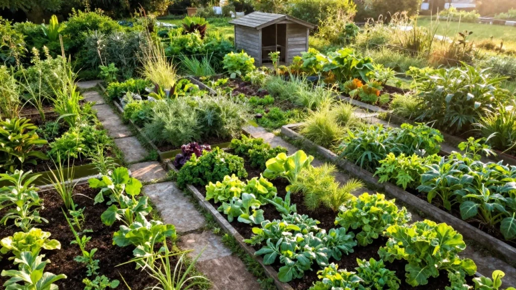 Huerta ecológica en terrazas con vegetación abundante y senderos de piedra.