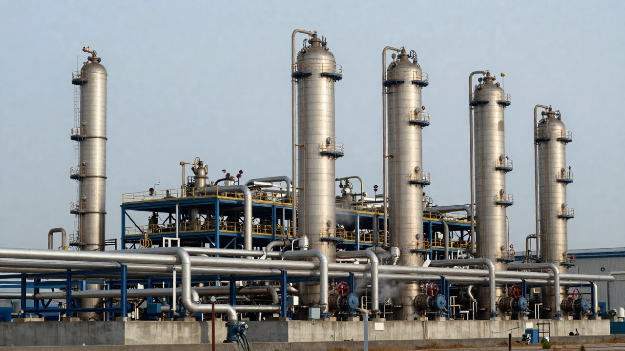Complejo industrial petroquímico con tuberías, columnas de destilación y una atmósfera funcional.