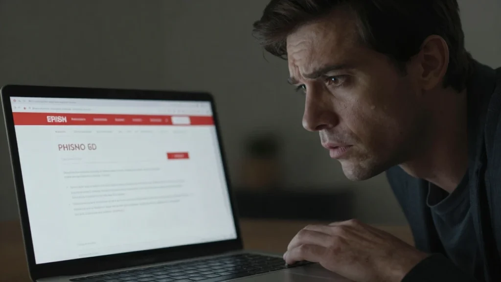 Una persona frustrada revisa un correo electrónico de phishing en su portátil.